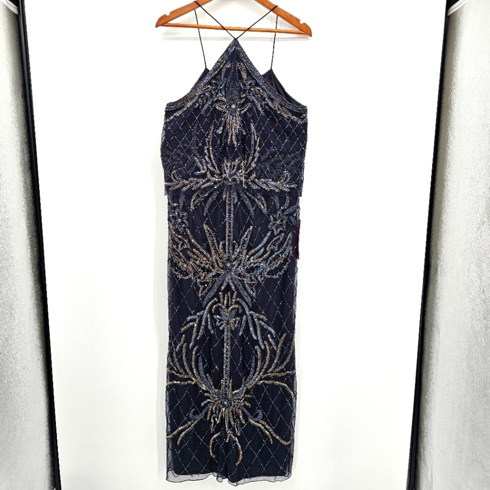 Pisarro Nights Navy Glod Silver Layered Halter Beaded Maxi Gown Womens 12 New